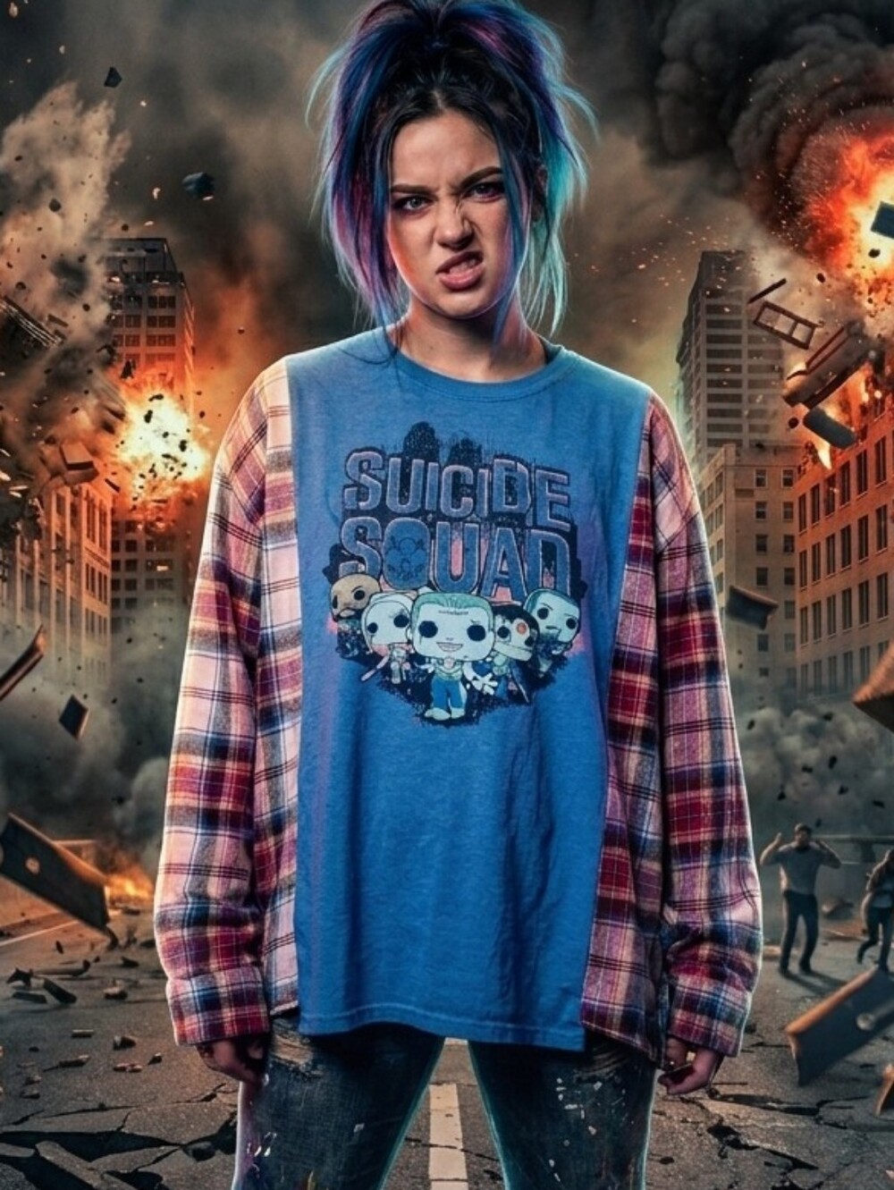 OOAK Suicide Squad Blue Graphic Tee With Plaid Flannel Sleeves Upcycle Repurpose